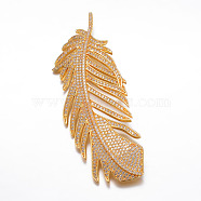 Brass Micro Pave Cubic Zirconia Big Pendants, Feather, Golden, 80x31x5mm, Hole: 3mm(KK-P049-05G)