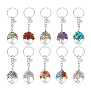 10Pcs 10 Styles Flat Round with Tree of Life Tibetan Style Zinc Alloy Keychains, with Iron Split Key Rings and Gemstone Chip Beads, 8.5cm, 1pc/style(KEYC-UN00003)