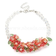 Flower Glass Beaded Link Bracelet with Alloy Clasps for Women, Tomato, 9-1/2 inch(24cm)(BJEW-TA00310-02)