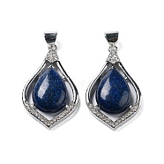 Natural Lapis Lazuli Teardrop Pendants, Platinum Tone Alloy Pave Crystal Rhinestone Drop Charms, 48.5x29x8mm, Hole: 5.8x6.6mm(G-A093-01P-02)