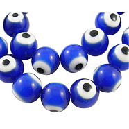 Handmade Lampwork Beads, Evil Eye, Round, Blue, about 10mm in diameter, hole: 1.5mm, about 40pcs/strand(X-DF019Y-3)
