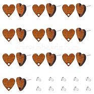20Pcs Heart Shape Wood Stud Earring Finding, with 60Pcs Plastic Ear Nuts, Coconut Brown, 12.5x12mm, Hole: 1.8mm, Pin: 0.7mm(FIND-FH0008-48)
