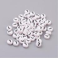 Flat Round with Letter L Acrylic Beads, with Horizontal Hole, White & Black, about 7mm in diameter, hole: about 1mm(X-PL37C9070-L)