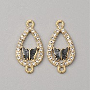 Alloy Enamel Connectors Charms, Teardrop Links with Butterfly, with Crystal Rhinestone, Light Gold, Black, 26.5x13x2mm, Hole: 1.8mm(ENAM-TAC0016-06G)