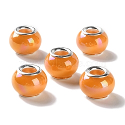 Opaque Brass Cores Acrylic European Beads, Round, Large Hole Bead, Silver, Dark Orange, 14x10mm, Hole: 5mm(OACR-M024-04S-04)