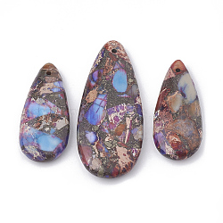 Natural Regalite/Imperial Jasper/Sea Sediment Jasper Pendants, with Iron, teardrop, Indigo, 36~50x15~21x6~7mm, Hole: 1mm, 3pcs/set(G-S328-003R)