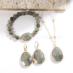 Oval Alloy with Natural Labradorite Pendant Necklaces & Beaded Bracelets & Dangle Earrings Sets, Golden, 430mm(WGD3DFC-03)