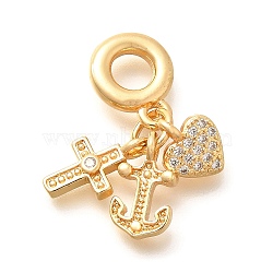 Brass Clear Cubic Zirconia Cross & Anchor & Heart European Dangle Charms, Large Hole Pendants, Real 18K Gold Plated, 26mm, Hole: 5mm(KK-U048-08G)