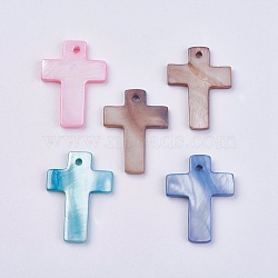 Shell Pendants, Dyed, Cross, Mixed Color, 22~23x17~19x2mm, Hole: 1.5mm(X-BSHE-P026-02)