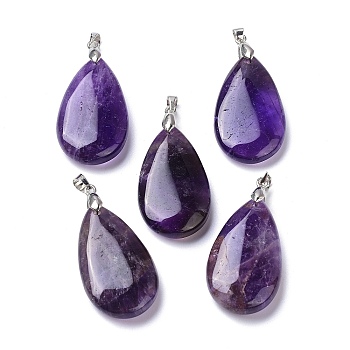 Natural Amethyst Pendants, with Brass Finding, Teardrop, 35x20x7.5~9mm, Hole: 4x3.5mm