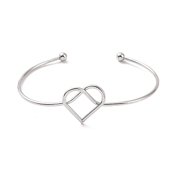201 Stainless Steel Wire Wrap Heart Open Cuff Bangle, Torque Bangle for Women, Stainless Steel Color, Inner Diameter: 2-7/8 inch(7.2cm)
