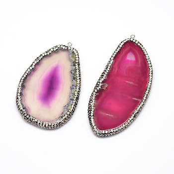 Dyed Natural Agate Nuggets Big Pendants, with Polymer Clay Rhinestone and Platinum Tone Brass Findings, Fuchsia, 50~92x31~58x5mm, Hole: 2mm