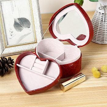 Heart PU Leather & Velvet Jewelry Storage Boxs, Double-Layer Jewelry Organizer Case for Necklace Earrings Ring, FireBrick, 13x11.5x8.5cm