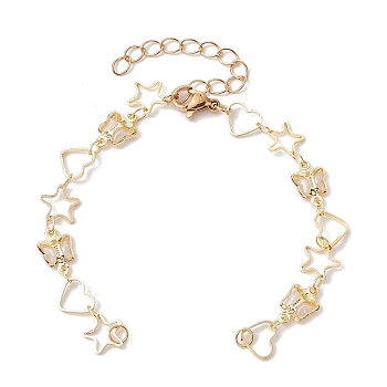 Handmade Butterfly Starfish Heart Brass Link Chain Bracelet Making, with Lobster Claw Clasp, Fit for Connector Charms, Golden, 6-1/8 inch(15.5cm)