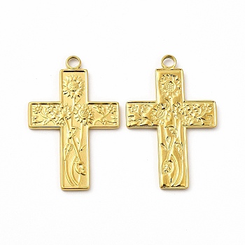 Ion Plating(IP) 304 Stainless Steel Pendants, Cross with Sunflower Charm, Real 18K Gold Plated, 35x23x1.8mm, Hole: 2.5mm