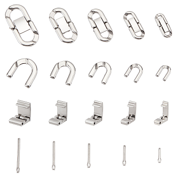 10Pcs 5 Styles 304 Stainless Steel Fold Over Clasp, with 316 Stainless Steel Findings, Stainless Steel Color, 10.5x3~8x3.5mm, Hole: 1.2mm, 2pcs/style