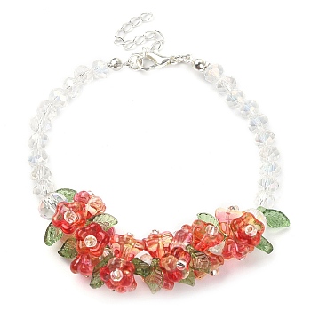 Flower Glass Beaded Link Bracelet with Alloy Clasps for Women, Tomato, 9-1/2 inch(24cm)