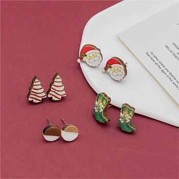 4 Pairs Santa Claus & Boot & Christmas Tree Printed Wood Stud Earrings, Flat Round Wood & Resin Earring, Mixed Color, 16~17x10~17mm