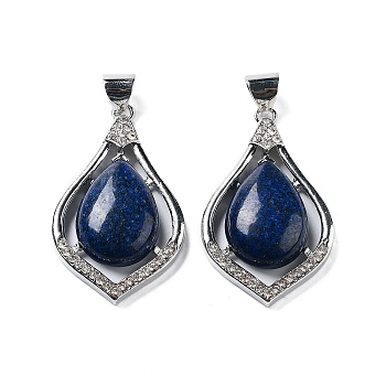 Natural Lapis Lazuli Teardrop Pendants, Platinum Tone Alloy Pave Crystal Rhinestone Drop Charms, 48.5x29x8mm, Hole: 5.8x6.6mm