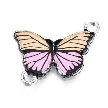 Printed Alloy Enamel Links Connectors, Butterfly Shape, Platinum, Pink, 14.5x20.5x2mm, Hole: 1.8mm