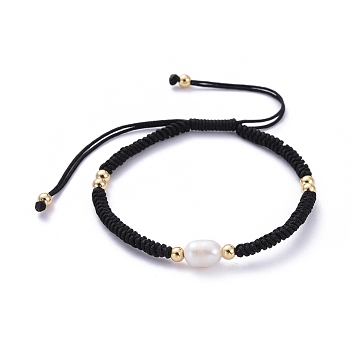 Adjustable Nylon Threads Braided Bead Bracelets, with Natural Cultured Freshwater Pearl and Golden Plated Round Brass Beads, Black, Inner Diameter: 2-1/8 inch~3-3/4 inch(5.5~9.5cm)