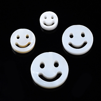 4Pcs 4 Sizes Natural Freshwater Shell Beads, Flat Round with Smiling Face, Creamy White, 1pcs/size