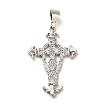 Brass Micro Pave Cubic Zirconia Pendants, Long-Lasting Plated, Cross, Platinum, 41x26x2.5mm, Hole: 10x4.5mm