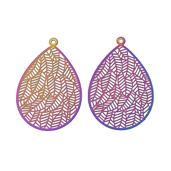 201 Stainless Steel Filigree Pendants, Etched Metal Embellishments, Teardrop with Leaf Charms, Ion Plating(IP), Colorful, 43.5x29.5x0.3mm, Hole: 1.6mm