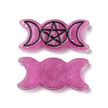Resin Cabochons, with Glitter Powder, Religion, Triple Moon Goddess, Camellia, 32.5x15x4.5mm
