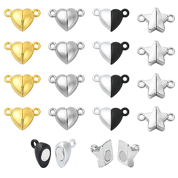 12Pcs 4 Styles Alloy Magnetic Clasps with Loops, Heart/Star, Mixed Color, 11~15x9.5~16x6mm, Hole: 1.5mm, 3pcs/style