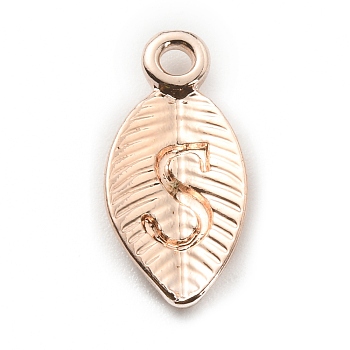 Alloy Pendants, Leaf with Letter Charm, Rose Gold, Letter.S, 15.5x7.5x2.5mm, Hole: 1.5mm