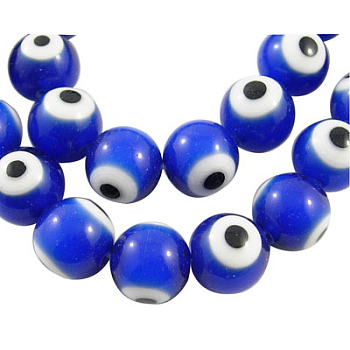 Handmade Lampwork Beads, Evil Eye, Round, Blue, about 10mm in diameter, hole: 1.5mm, about 40pcs/strand