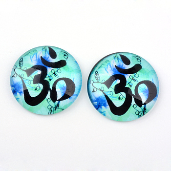 Yoga Theme Glass Cabochons, for DIY Projects, Half Round/Dome, Medium Turquoise, 25x6mm