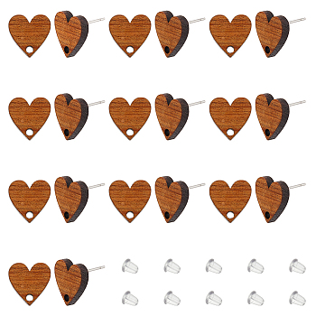 20Pcs Heart Shape Wood Stud Earring Finding, with 60Pcs Plastic Ear Nuts, Coconut Brown, 12.5x12mm, Hole: 1.8mm, Pin: 0.7mm
