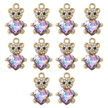 10Pcs Alloy Glass Pendants, Bear with Heart, Faceted, with Rhinestone, Plum, 21.1x14.3mm