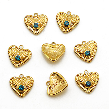 201 Stainless Steel Charms, with Blue Zircon Rhinestone, Heart, Golden, 12x13x4mm, Hole: 1.4mm