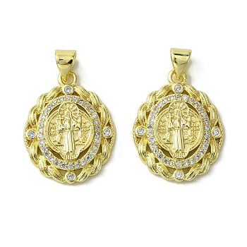 Brass Micro Pave Cubic Zirconia Pendants, Real 18K Gold Plated, Oval, 22x17.5x3.5mm, Hole: 4x3mm