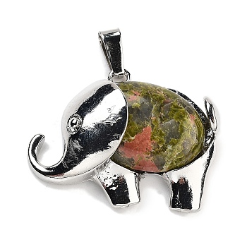 Natural Unakite Pendants, Elephant Charms with Alloy Findings, Platinum, 29x37~37.5x9.5~10mm, Hole: 3x9mm