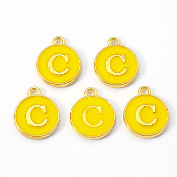Golden Plated Alloy Enamel Charms, Enamelled Sequins, Flat Round with Letter, Gold, Letter.C, 14x12x2mm, Hole: 1.5mm
