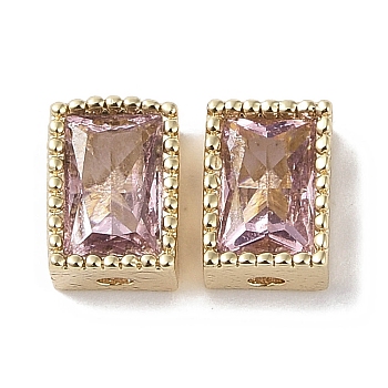 Brass with Cubic Zirconia Beads, Real 18K Gold Plated, Rectangle, Pearl Pink, 7x5x3.5mm, Hole: 0.6mm & 1mm