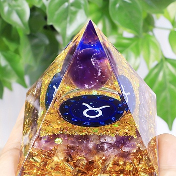 Orgonite Pyramid Resin Energy Generators, Reiki Natural Amethyst Chips Inside for Home Office Desk Decoration, Taurus, 50mm