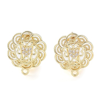 Hollow Butterfly Brass Micro Pave Cubic Zirconia Stud Earrings Finding, with Horizontal Loops, Cadmium Free & Lead Free, Real 18K Gold Plated, 18x15mm, Hole: 1.6mm, Pin: 0.8mm