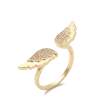 Brass Micro Pave Cubic Zirconia Open Cuff Rings, Wing, Inner Diameter: 16.2mm