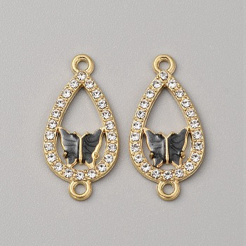 Alloy Enamel Connectors Charms, Teardrop Links with Butterfly, with Crystal Rhinestone, Light Gold, Black, 26.5x13x2mm, Hole: 1.8mm