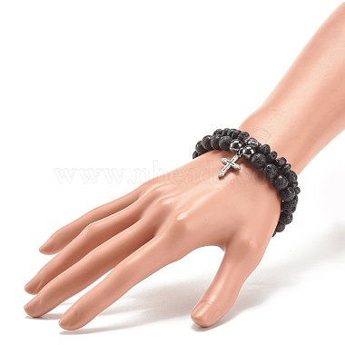 2pcs 2 style bracelets extensibles en pierre de lave naturelle et hématite synthétique sertis de 304 têtes et croix bouddhistes en acier inoxydable(BJEW-JB08289)-3