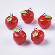 Apple Resin Charms, with Platinum Tone Iron Screw Eye Pin Peg Bails, Red, 15x12mm, Hole: 2mm(X-RESI-R184-04A)