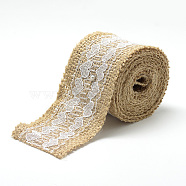 Burlap Ribbon, Hessian Ribbon, Jute Ribbon, with Cotton Ribbons, for Jewelry Making, Heart Pattern, Tan, 2 inch(50mm), about 2.187yards/roll(2m/roll)(X-OCOR-R071-17)