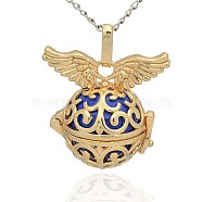 Golden Tone Brass Hollow Round Cage Pendants, with No Hole Spray Painted Brass Round Beads, Blue, 31x30x21mm, Hole: 3x8mm(KK-J234-08G)