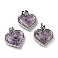 Glass Bottle Pendants, with Natural Amethyst Chips and Platinum Plated Alloy Findings, Heart, 40x32.5x11mm, Hole: 8x5mm(G-Z010-02B)