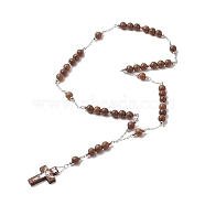 Natural Wood Round Rosary Bead Necklace, Cross Pendant Necklace with Brass Chains for Women, Sienna, 23.23 inch(59cm)(NJEW-JN04248)